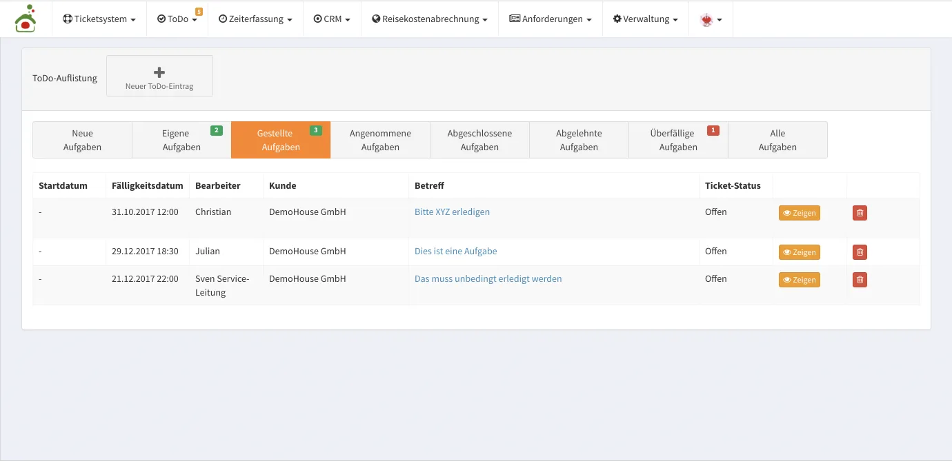 Screenshot: Aufgabenauflistung mit Filtern nach Status